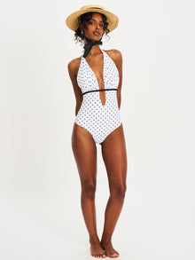 Olive Base Polka Dot Ruched Halter Backless Swimsuit | White