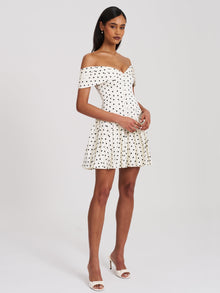 Edeline Polka Dot Off-shoulder Pleated Mini Dress | Black and White Polka Dot