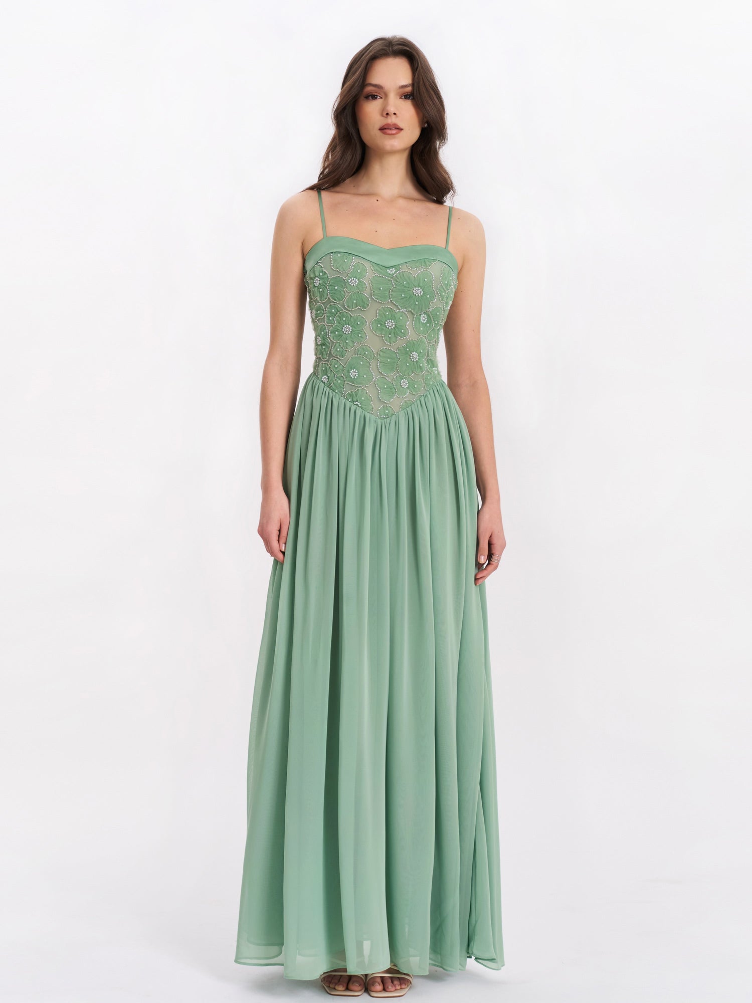 Ucille Embroidered Chiffon Maxi Dress | Sage Green