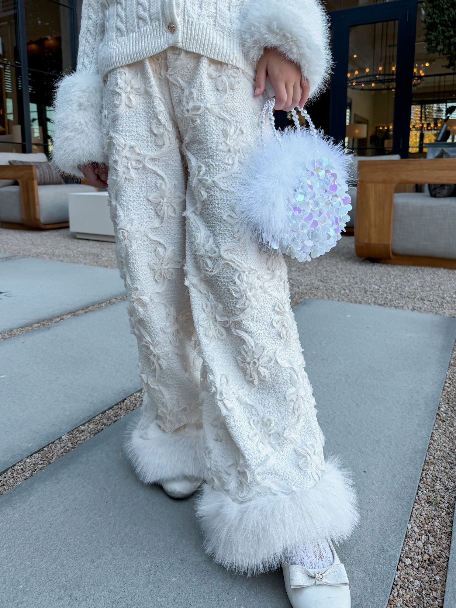 Girl | Sequin Feather Hand Bag | White