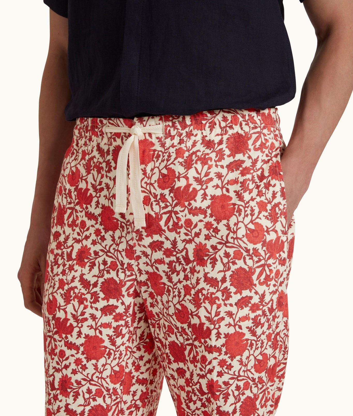 Alex Dragonflower Print Linen Relaxed Fit Trousers | Summer Red/White Sand