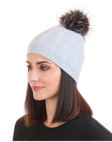 Amicale Cashmere | Women | Cashmere Basketweave Rib Hat W/ Fox Pom | Lt. Blue