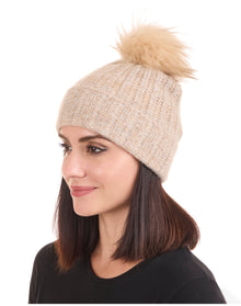 Amicale Cashmere | Women | Cashmere Marl Ladderstitch Fox Pom Hat | Oatmeal