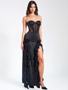 Talia Satin Lace Corset Maxi Dress | Black