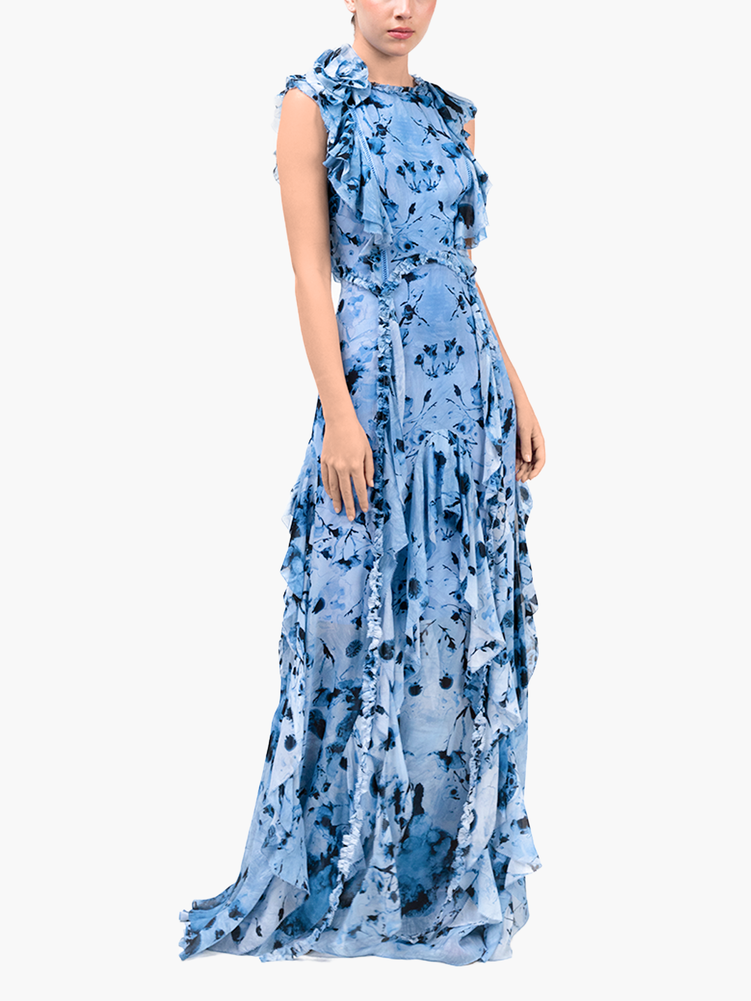 Painterly Print Sleeveless Georgette Gown | Blue
