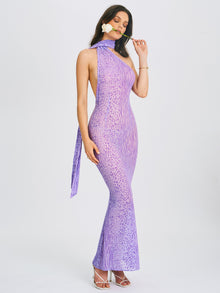Olena Burnout Velvet Animal Print Mesh Halter Neck Maxi Dress | Purple
