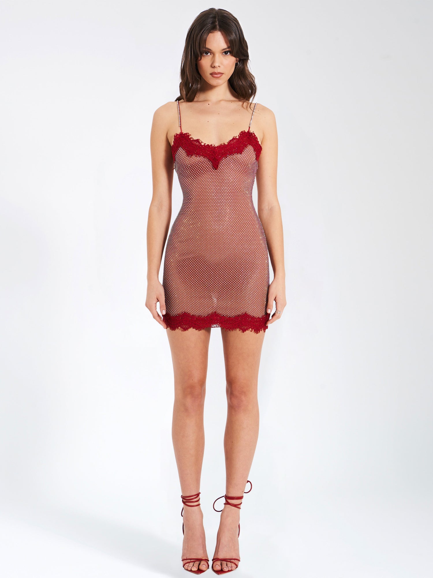 Remi Mesh Rhinestone Lace Mini Dress | Burgundy