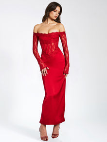 Nessa Lace Satin Corset Maxi Dress | Red