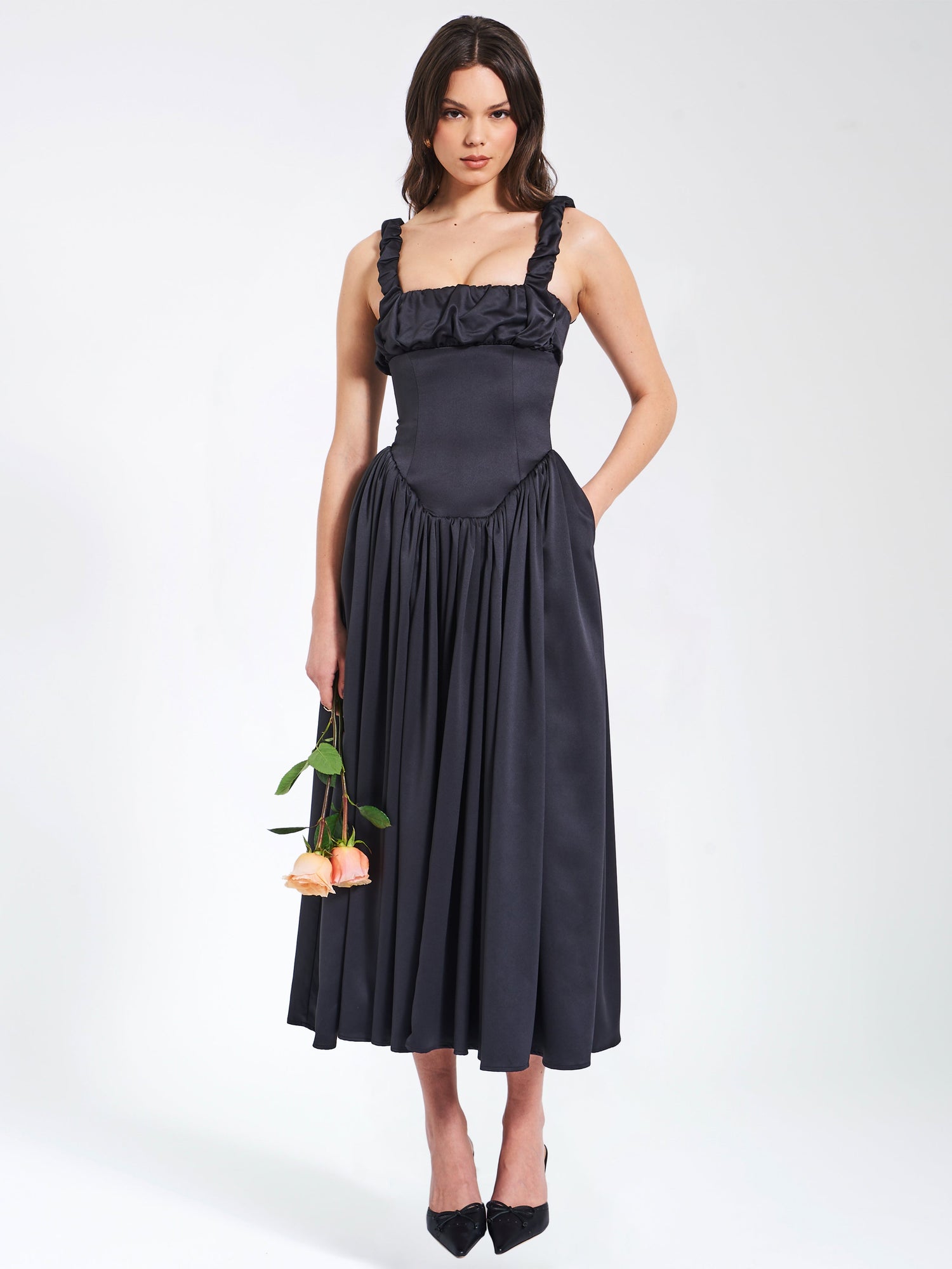 Noreen Satin Drop Waist Maxi Sundress | Black