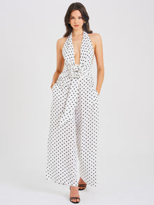 Oriana Halter Jumpsuit | White Polka Dots