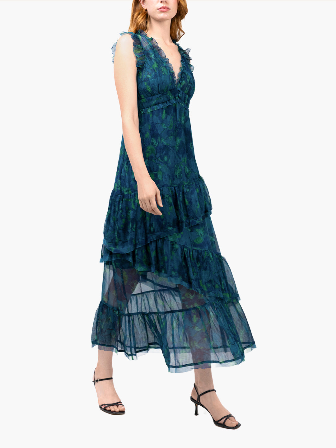 Watercolor Blooms Pleated Chiffon Maxi Dress | Teal