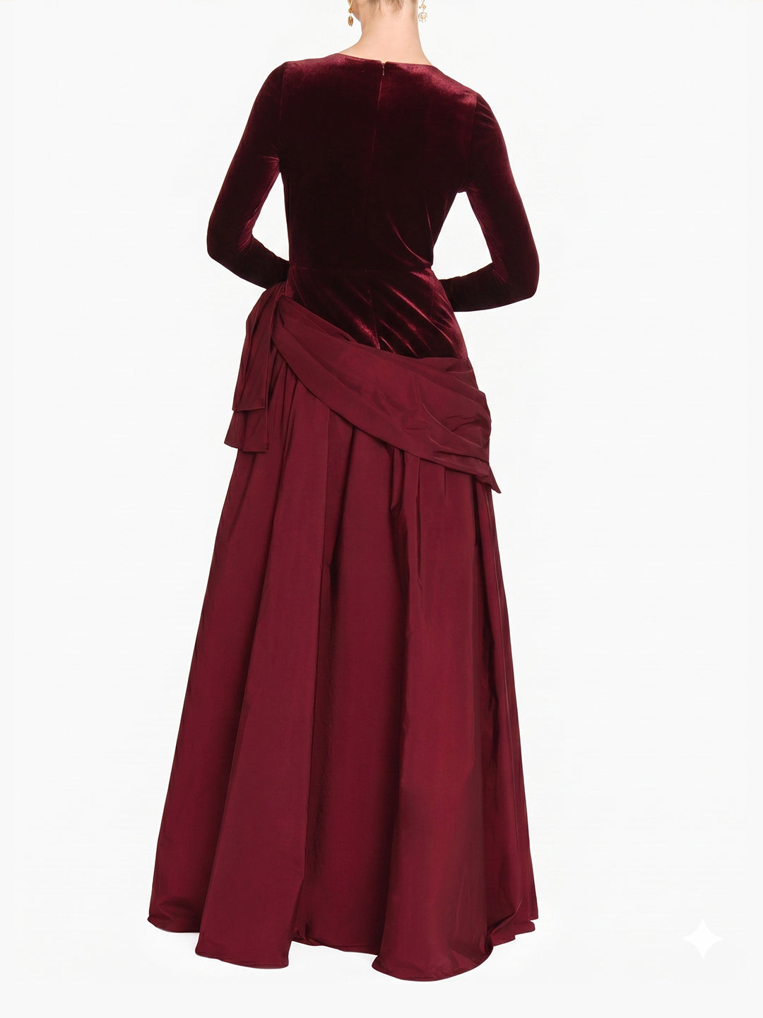 Stretch Velvet Long Sleeve Draped Bow Gown | Burgundy