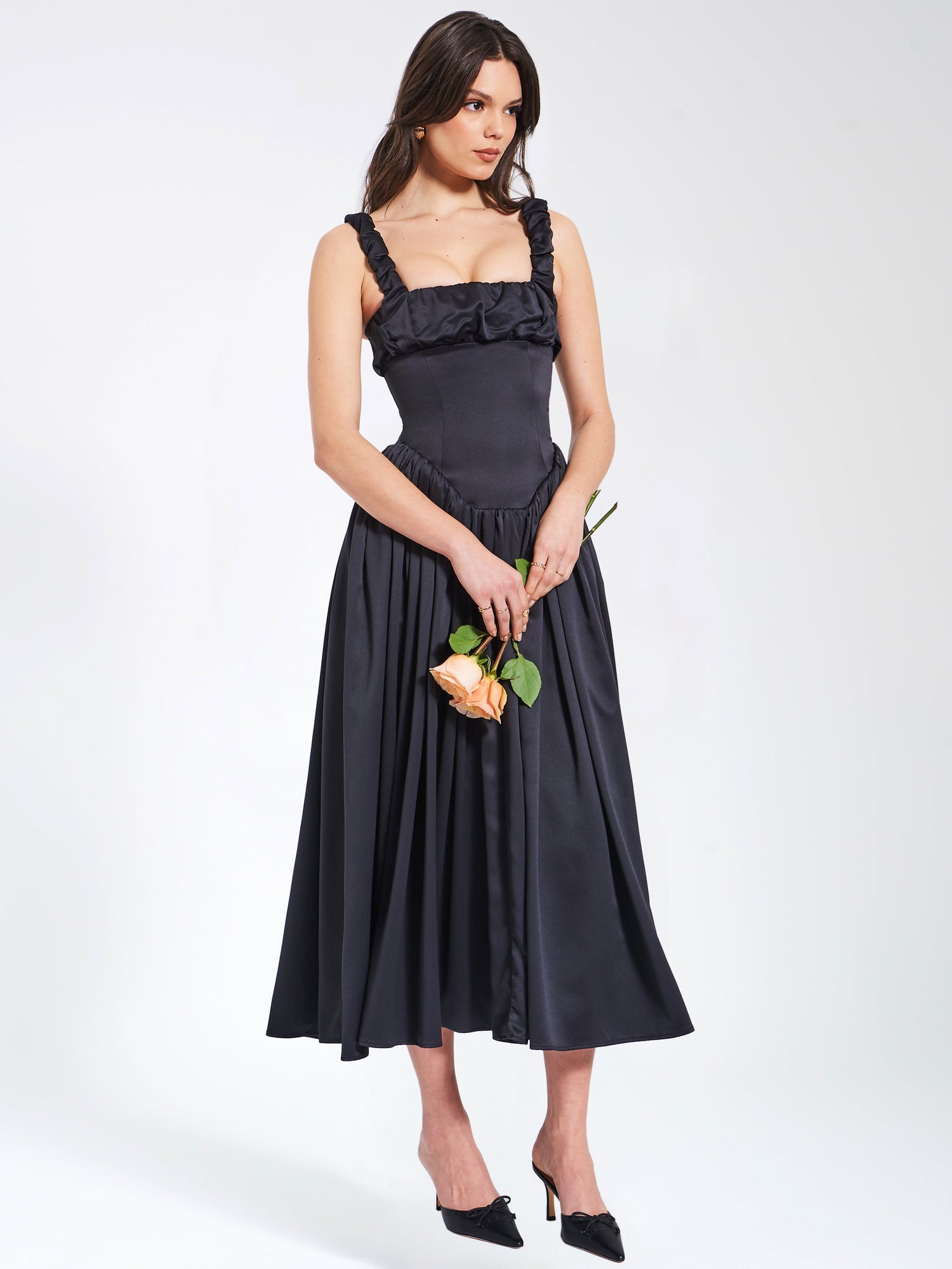 Noreen Satin Drop Waist Maxi Sundress | Black