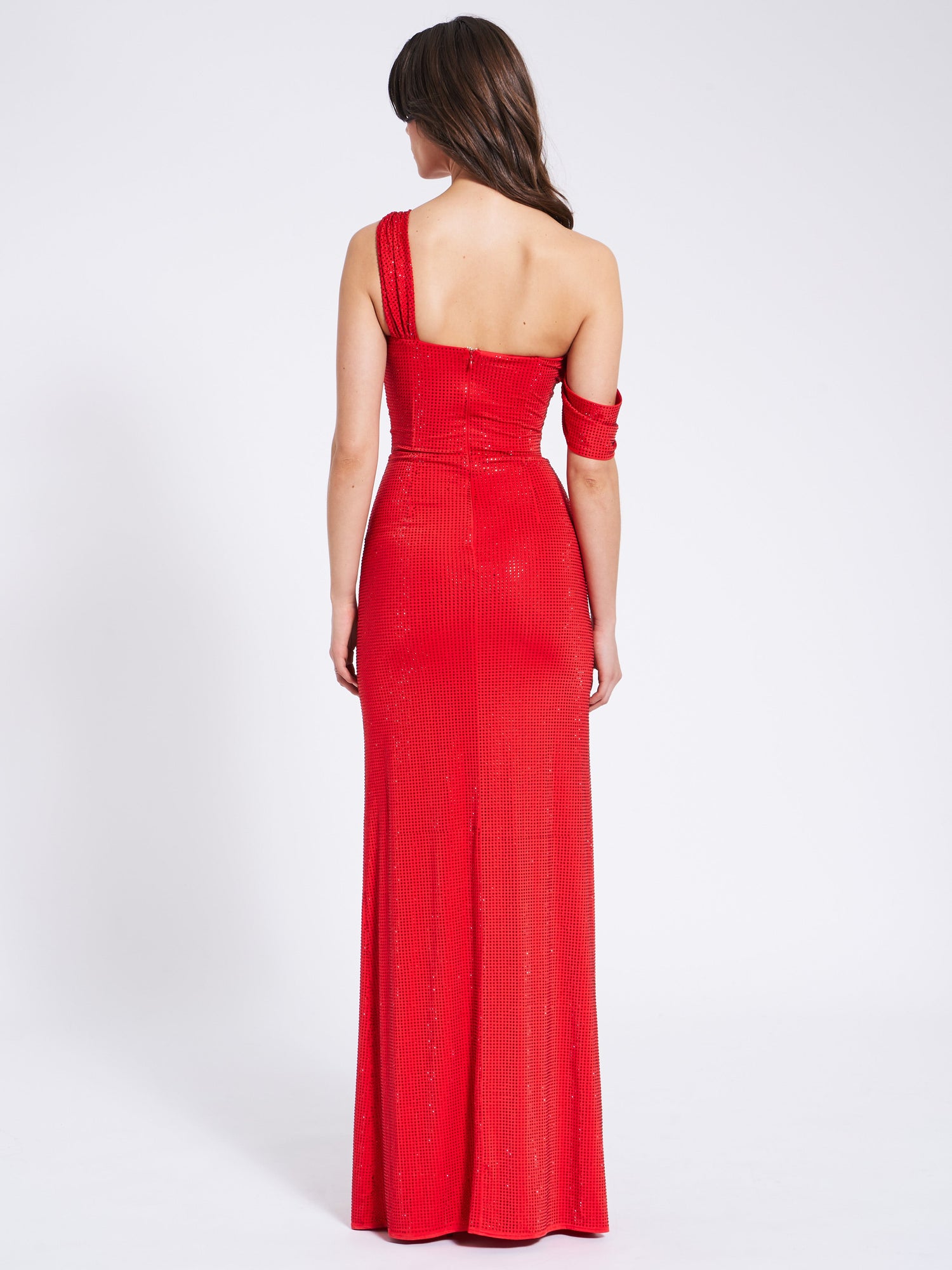 Paget Mesh Rhinestone Embellished High Slit Gown | Red