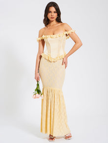 Ersilia Satin Lace Peplum Corset Off Shoulder Maxi Dress | Pale Yellow