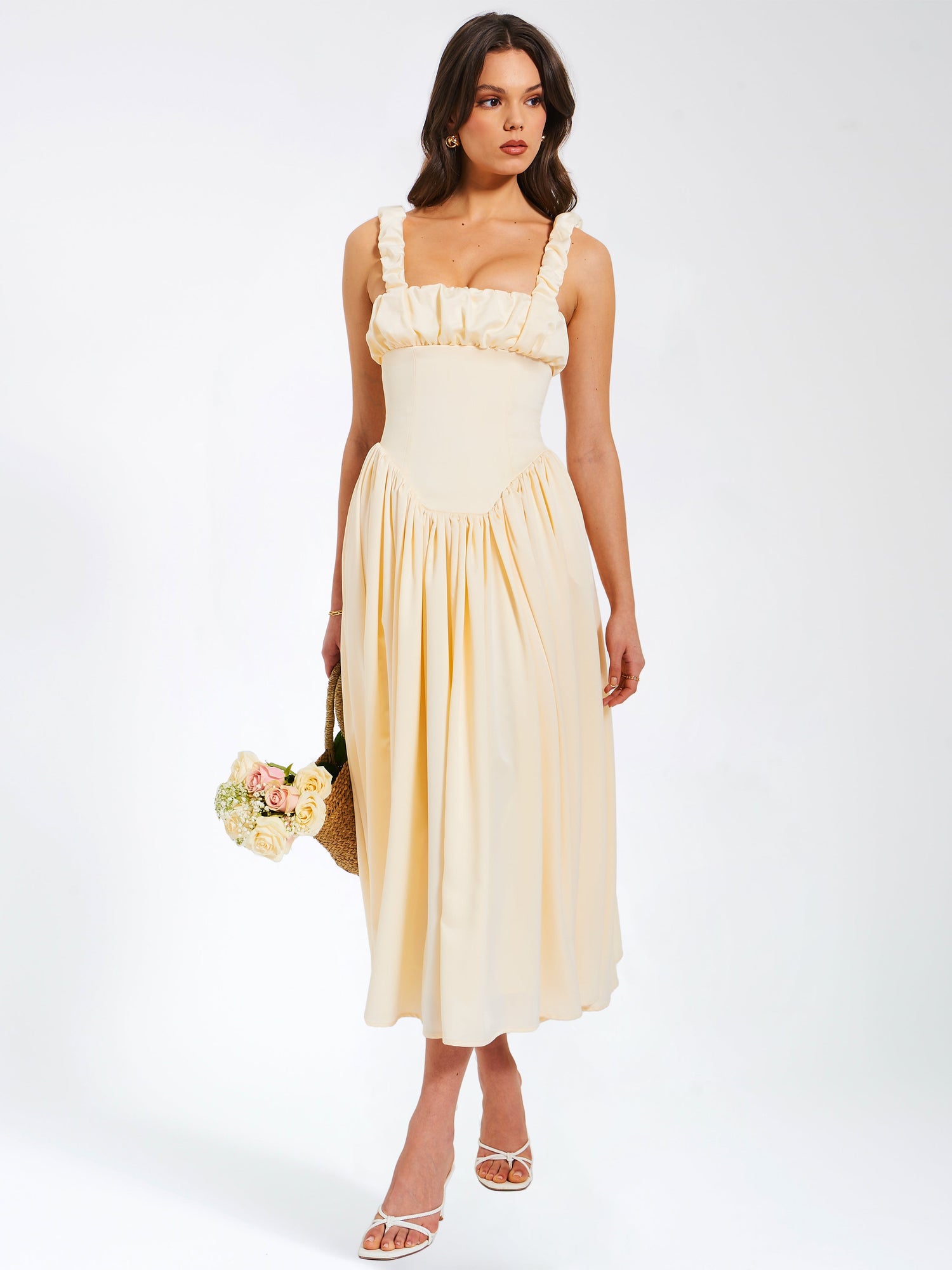 Noreen Satin Drop Waist Maxi Sundress | Egg White