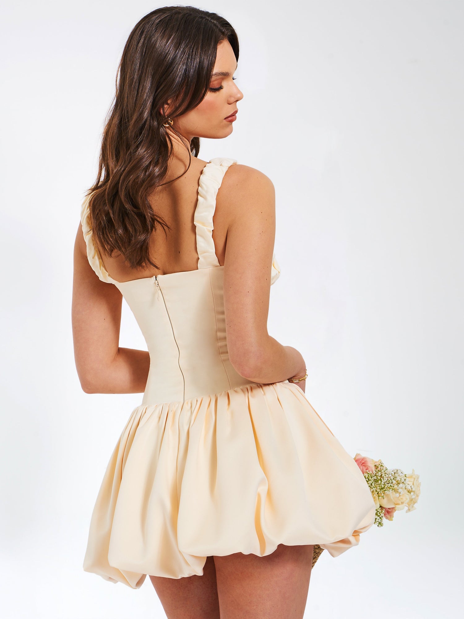 Aubrey Satin Bubble Hem Mini Dress | Egg White