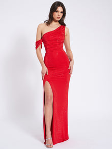 Paget Mesh Rhinestone Embellished High Slit Gown | Red