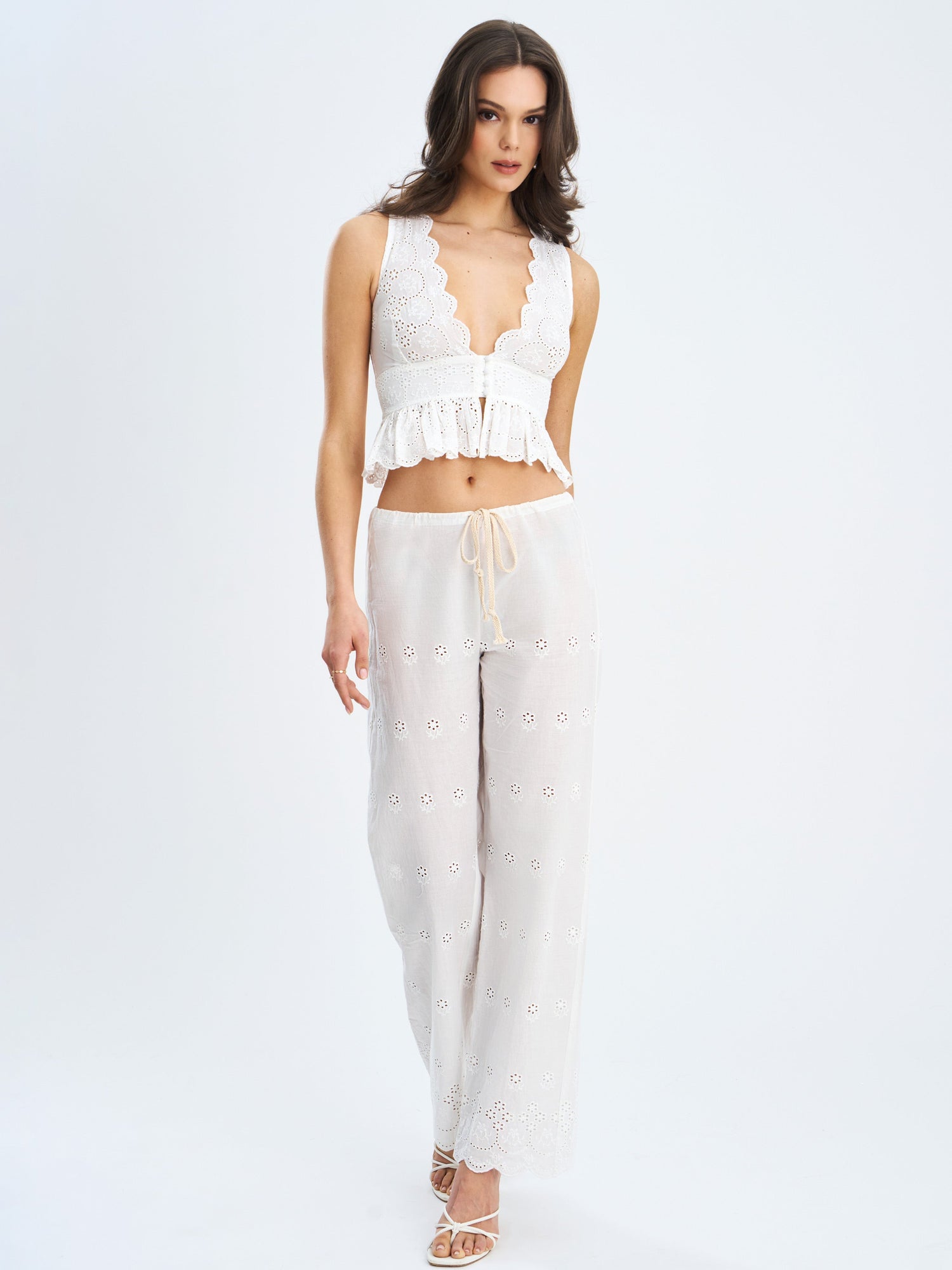 Raia Cotton Eyelet Scallop Trim Top | White