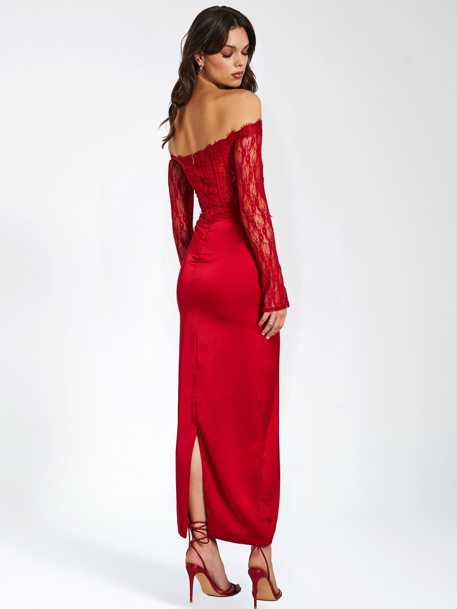 Nessa Lace Satin Corset Maxi Dress | Red