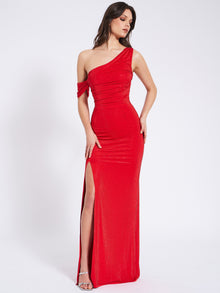 Paget Mesh Rhinestone Embellished High Slit Gown | Red