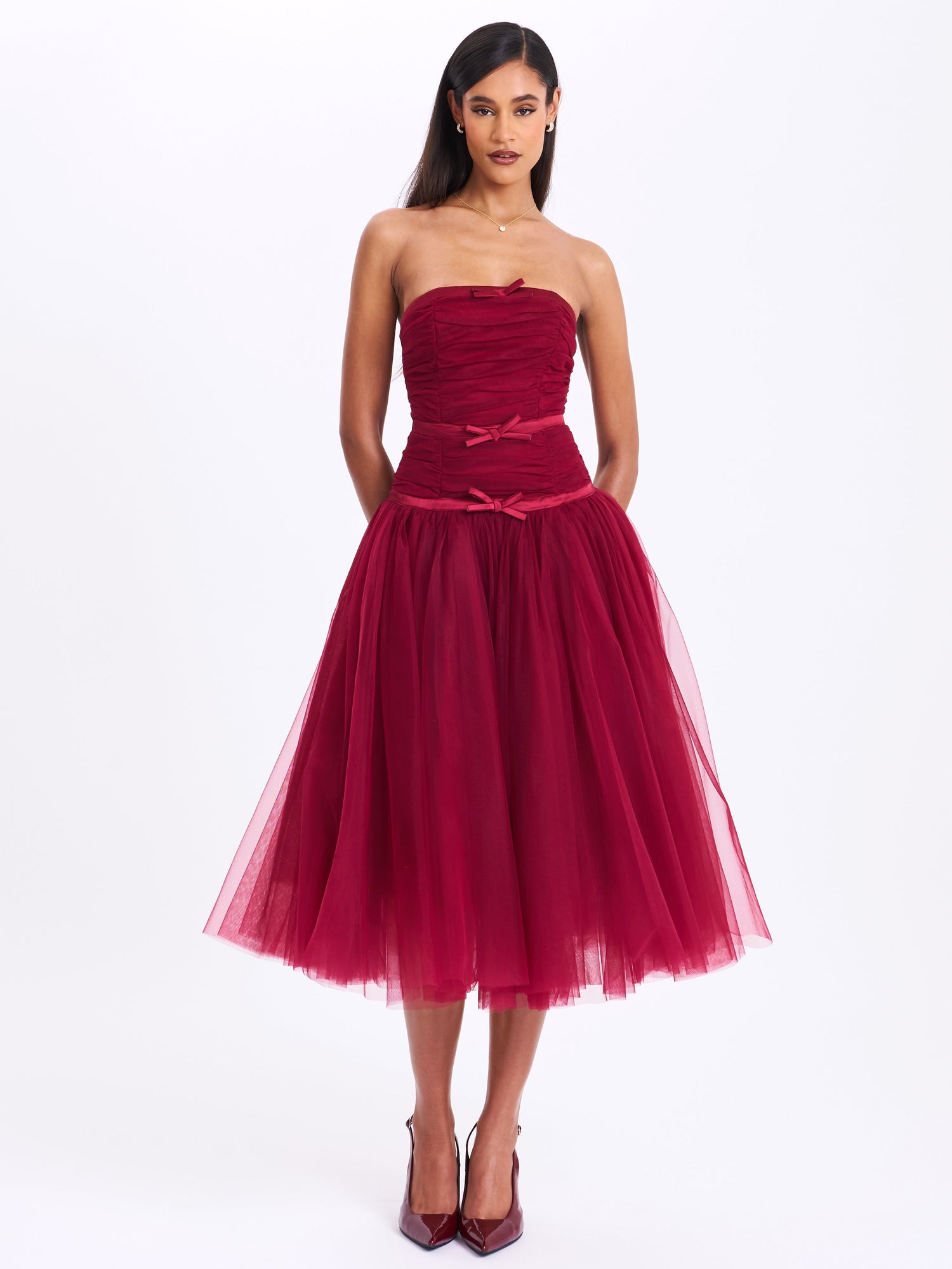 Mabel Drop Waist Layered Mesh Midi Puffy Dress with Bow | Burgundy