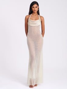 Zahya Halter Backless Beaded Mesh Gown | Lime