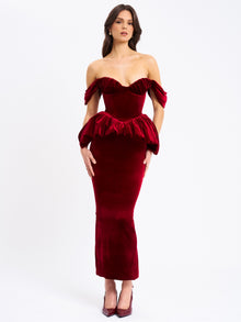 Abigail Velvet Off Shoulder Bubble Hem Peplum Maxi Dress | Burgundy