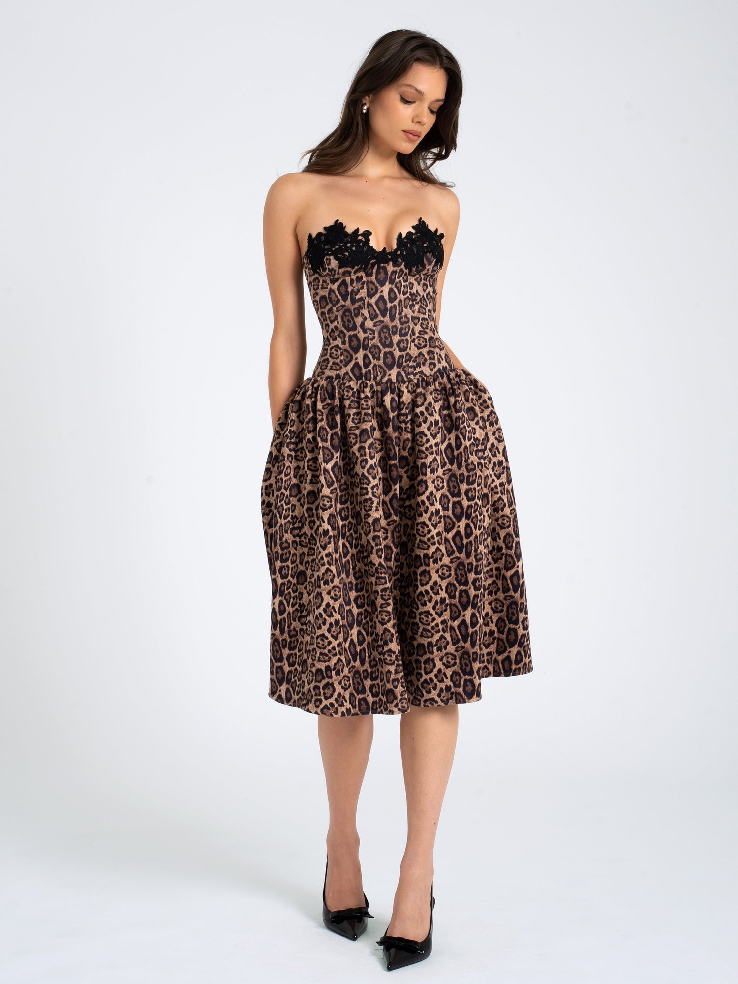 Uchenna Stretchy Strapless Midi Dress with lace trim | Cheetah Print