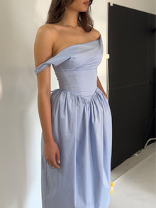 Reina Cotton Poplin Drop Waist Corset Midi Dress | Blue