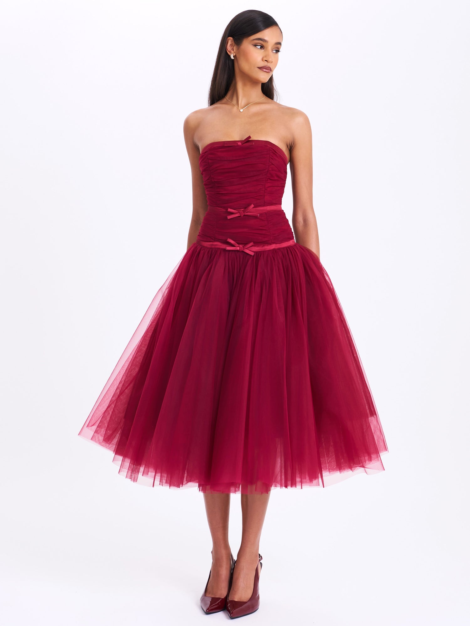 Mabel Drop Waist Layered Mesh Midi Puffy Dress with Bow | Burgundy