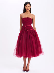 Mabel Drop Waist Layered Mesh Midi Puffy Dress with Bow | Burgundy