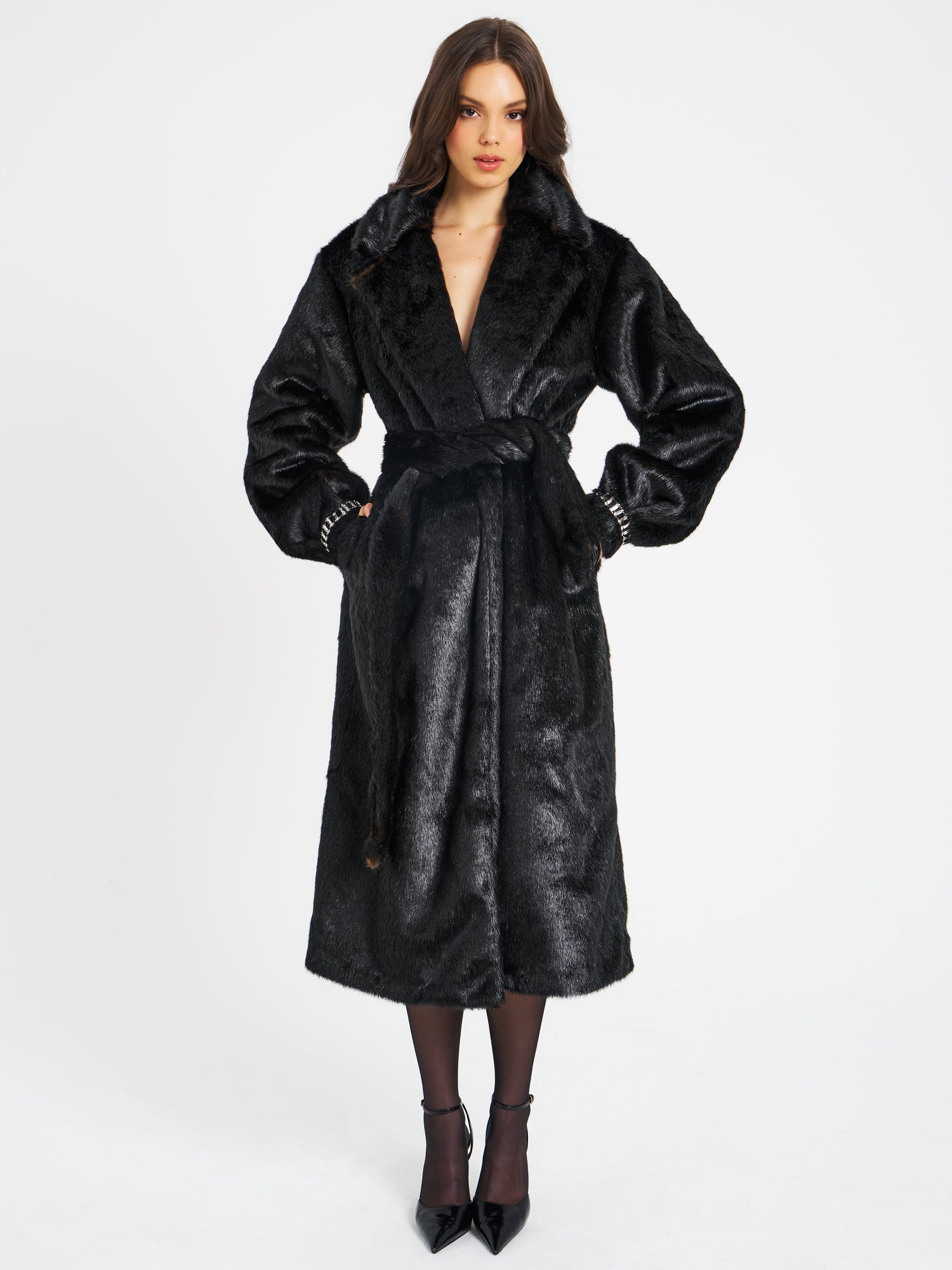 Yahia Vegan Long Faux Mink Coat | Black