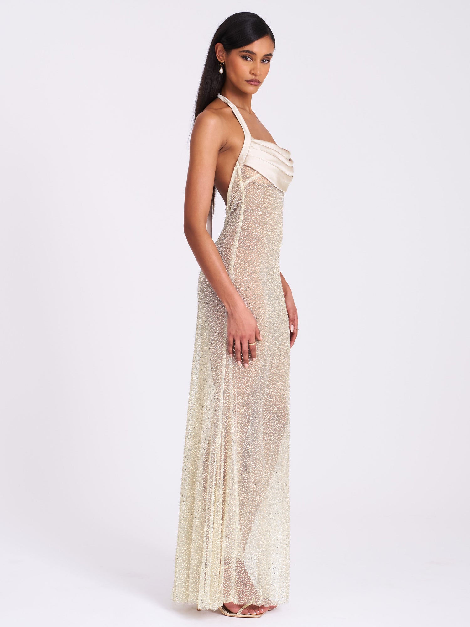 Zahya Halter Backless Beaded Mesh Gown | Lime