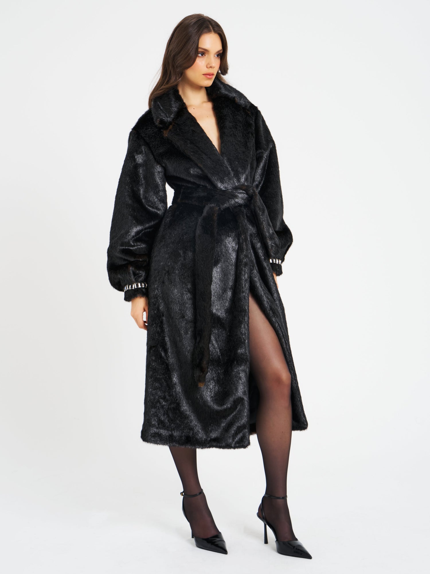 Yahia Vegan Long Faux Mink Coat | Black