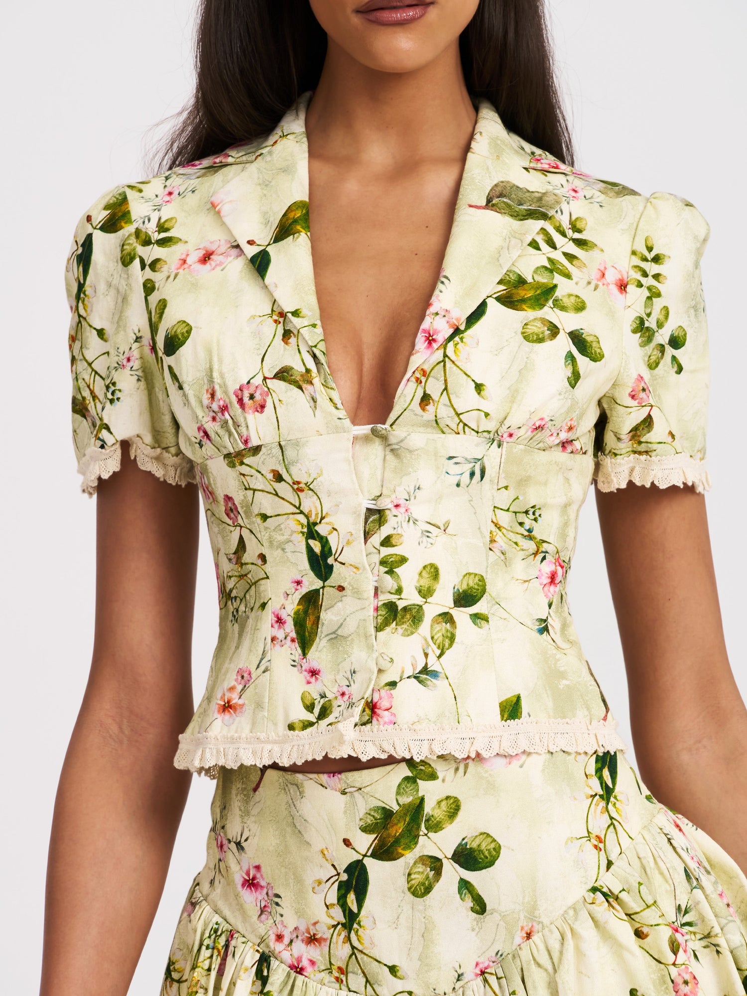 Zanella Floral Print Lace Trim Linen Top | Green