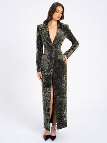 Willow Glossy Velvet High Slit Blazer Gown | Green
