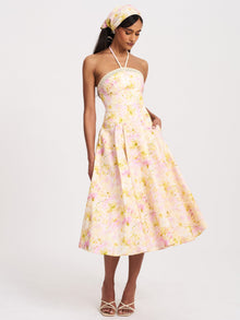 Zaina Floral Print Lace Trim Linen Midi Dress | Yellow and Pink