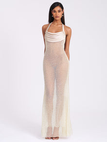 Zahya Halter Backless Beaded Mesh Gown | Lime