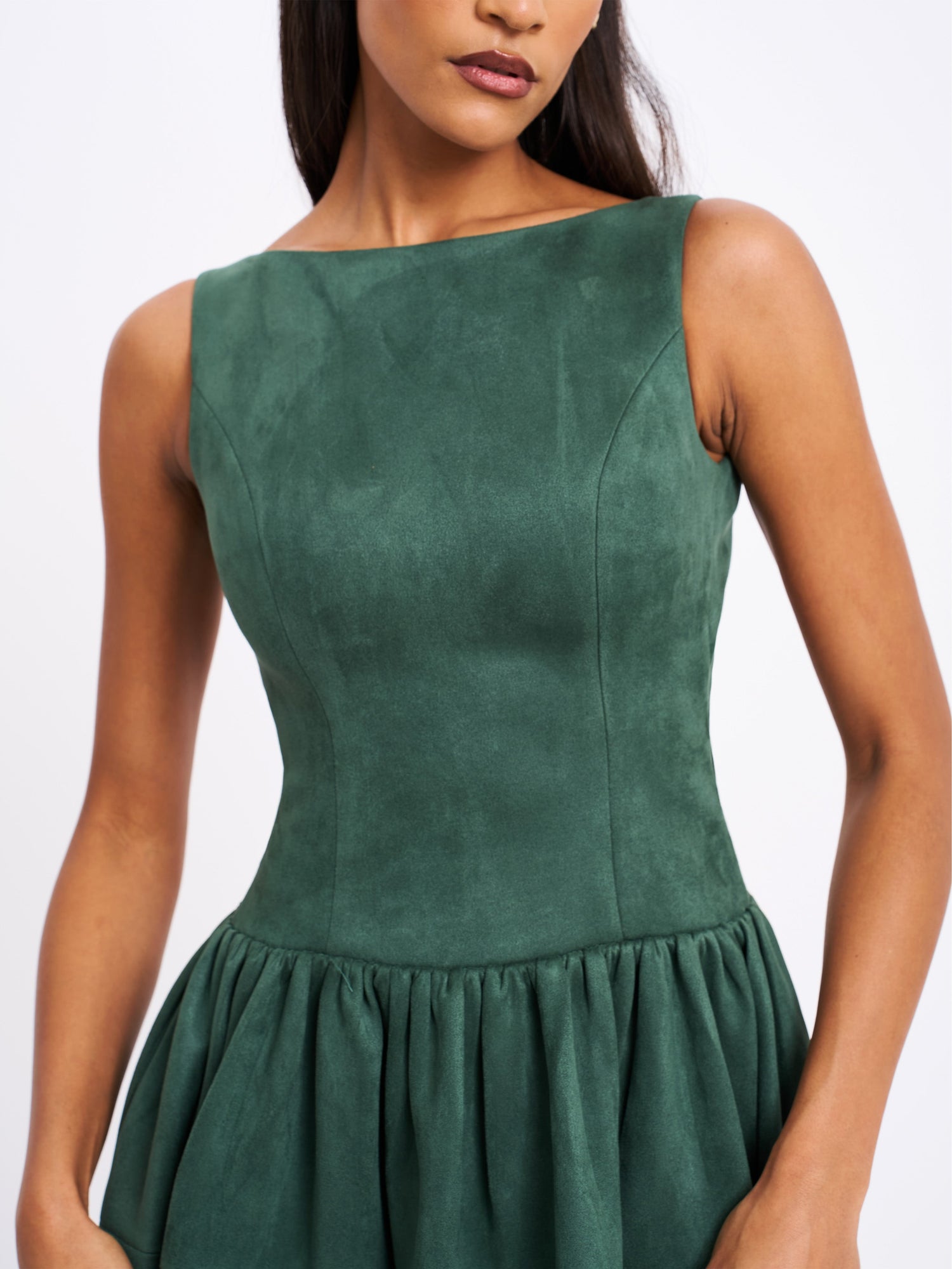Laila Suede Boat Neck Backless Midi Dress | Green