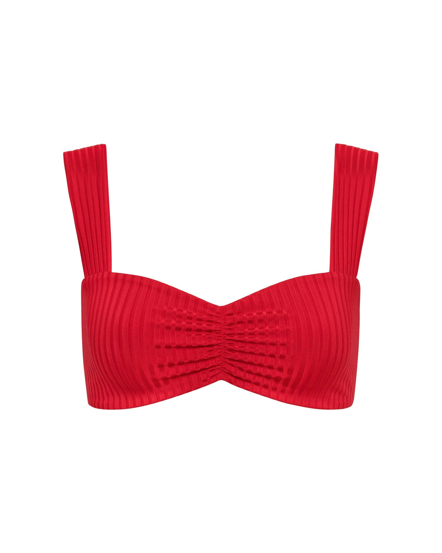 Red bikini top with thick straps on a white background