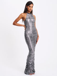 Abril Ruched Glitter Backless Gown | Silver