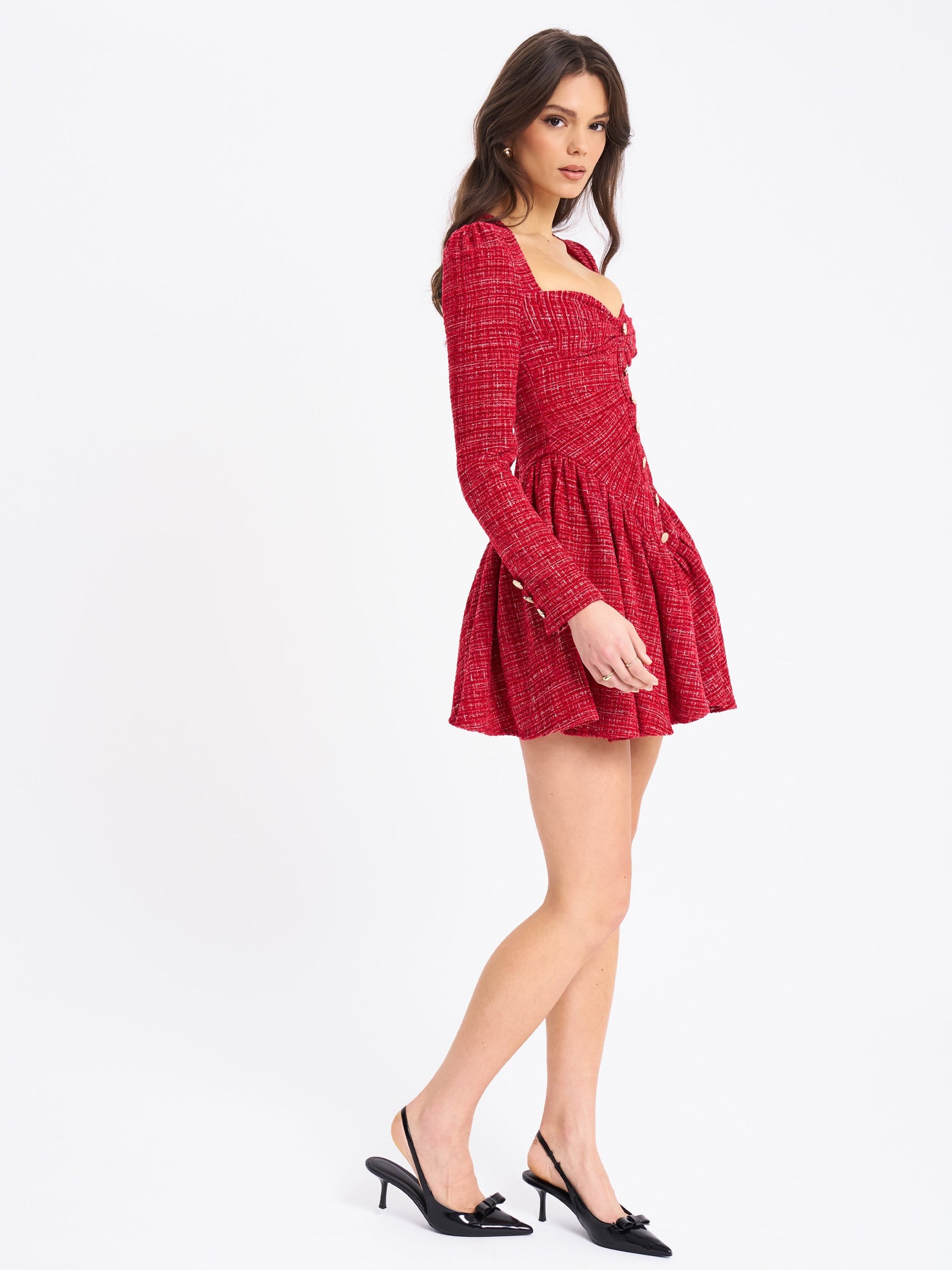 Tae Tweed Long Sleeve Drop Waist Mini Dress | Red