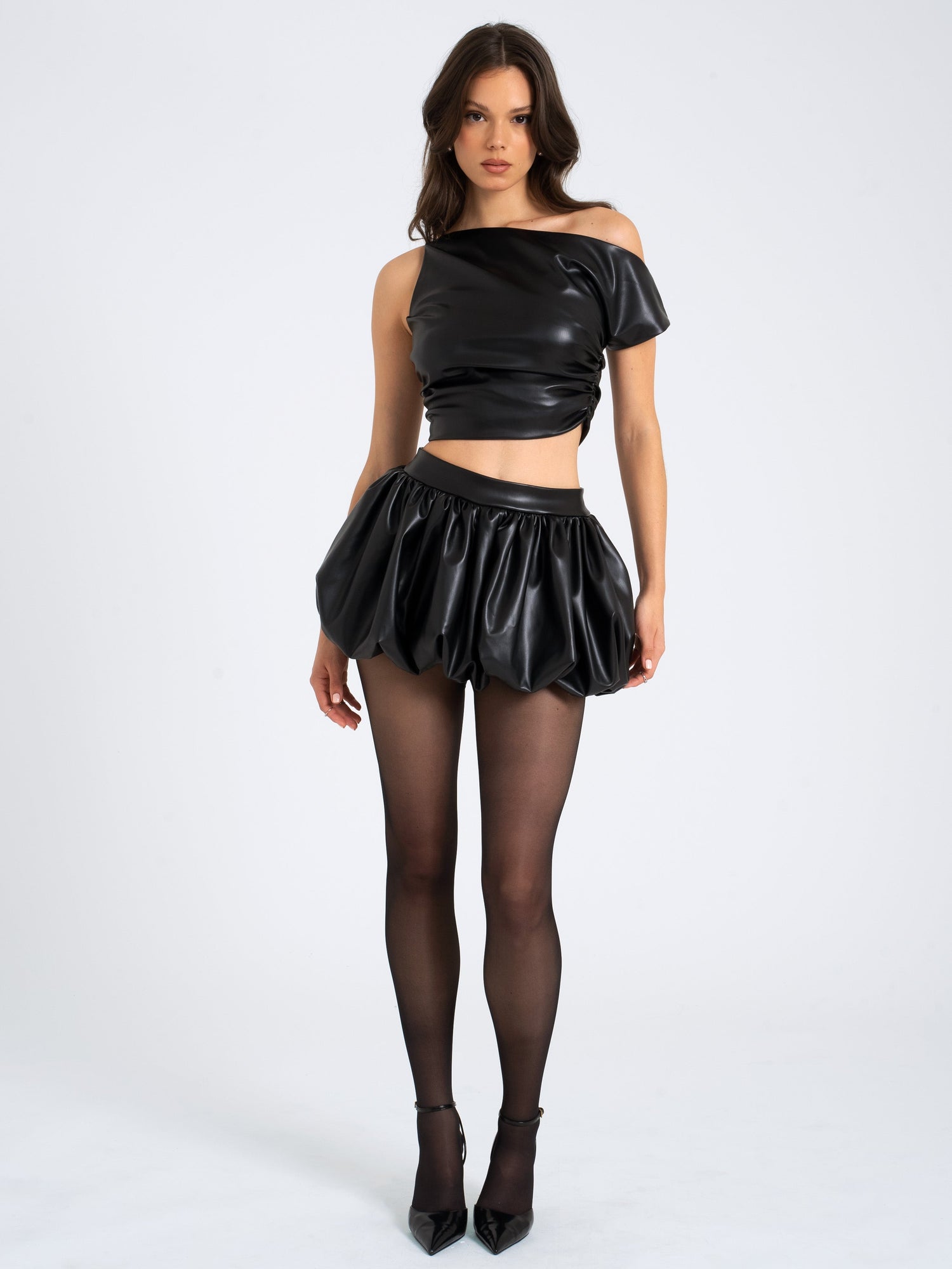 Yara Vegan Leather Slash Neck Tank Top | Black