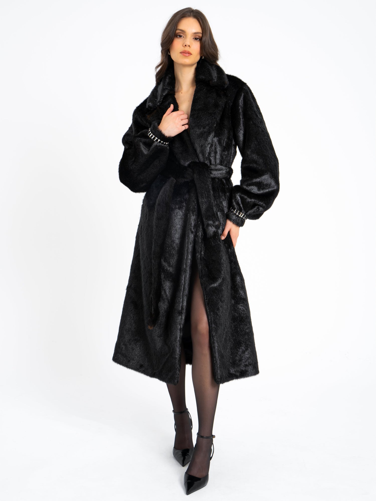 Yahia Vegan Long Faux Mink Coat | Black