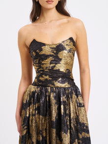 Saanvi Bronzing Strapless Drop Waist Midi Dress | Gold Tie Dye