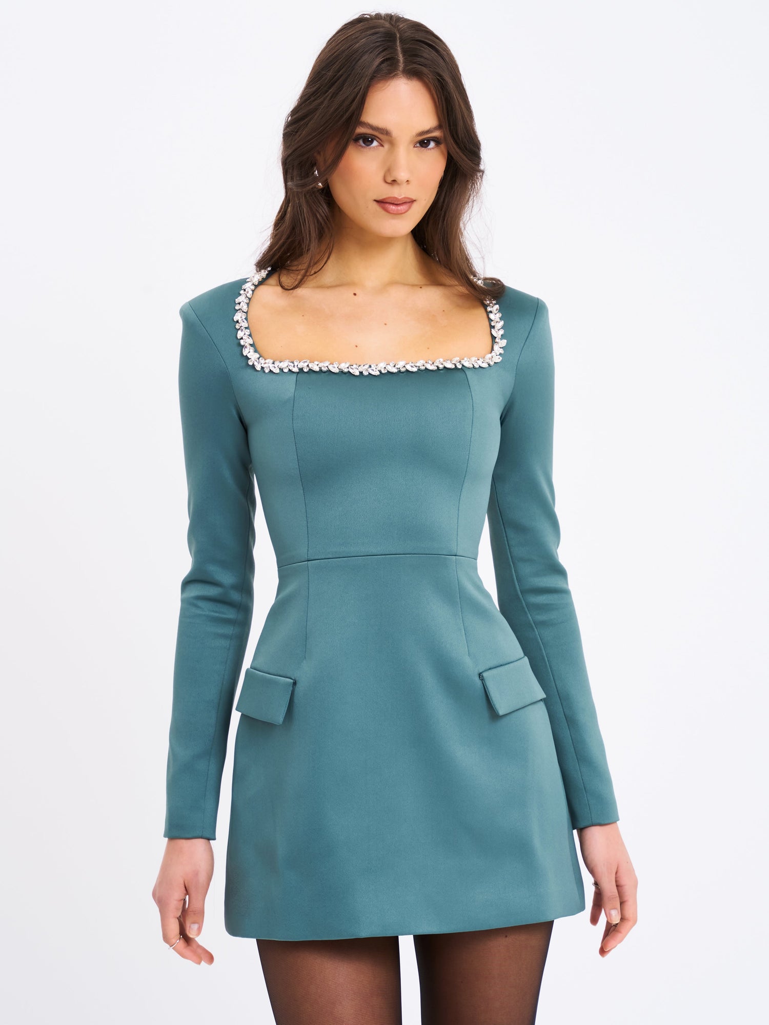 Gabella Long Sleeve A-line Mini Dress with Crystal Trim | Dark Green