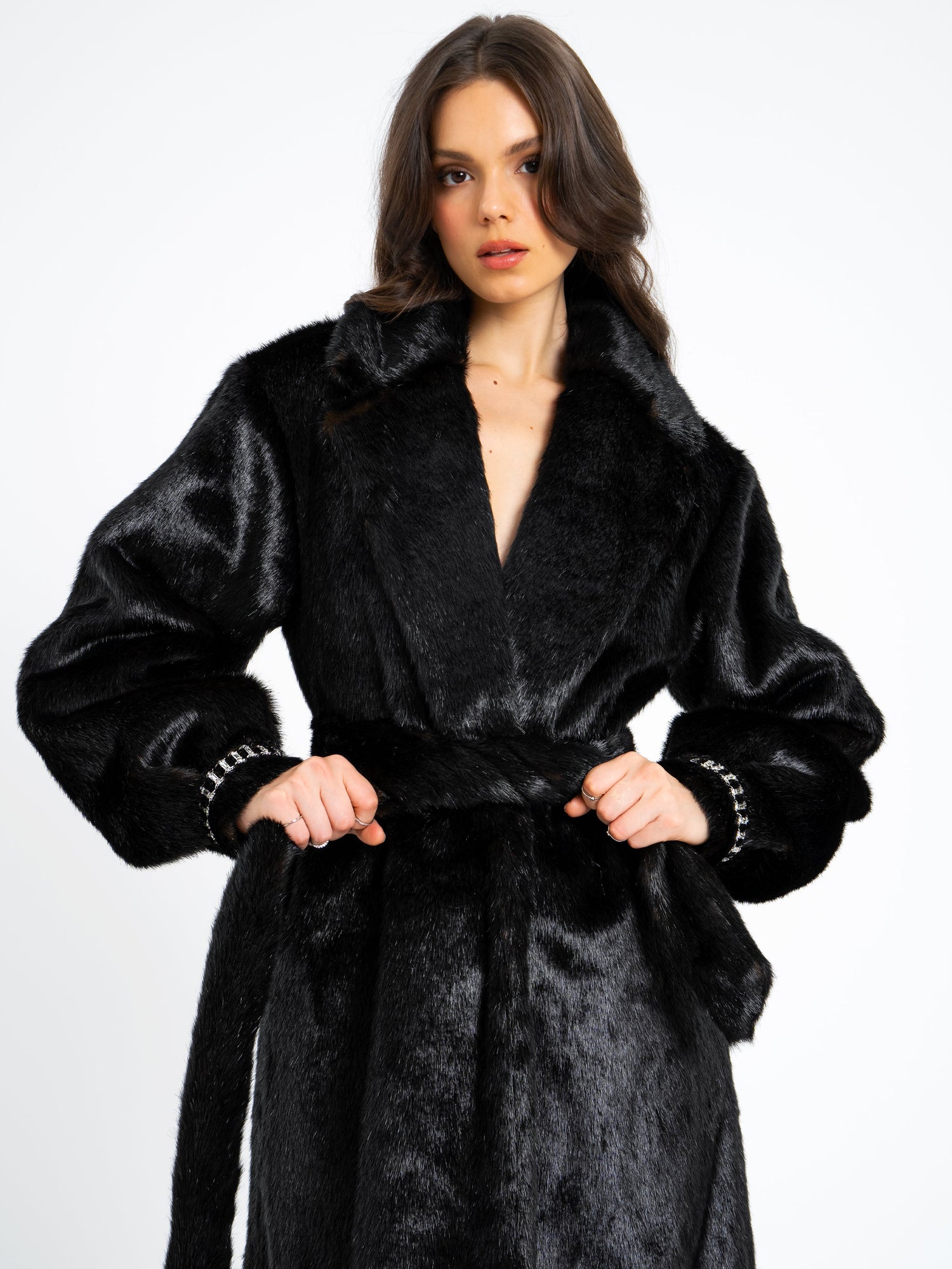 Yahia Vegan Long Faux Mink Coat | Black