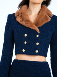 Wava Double Breast Fur Trim Cropped Boucle Wool Jacket | Navy Blue