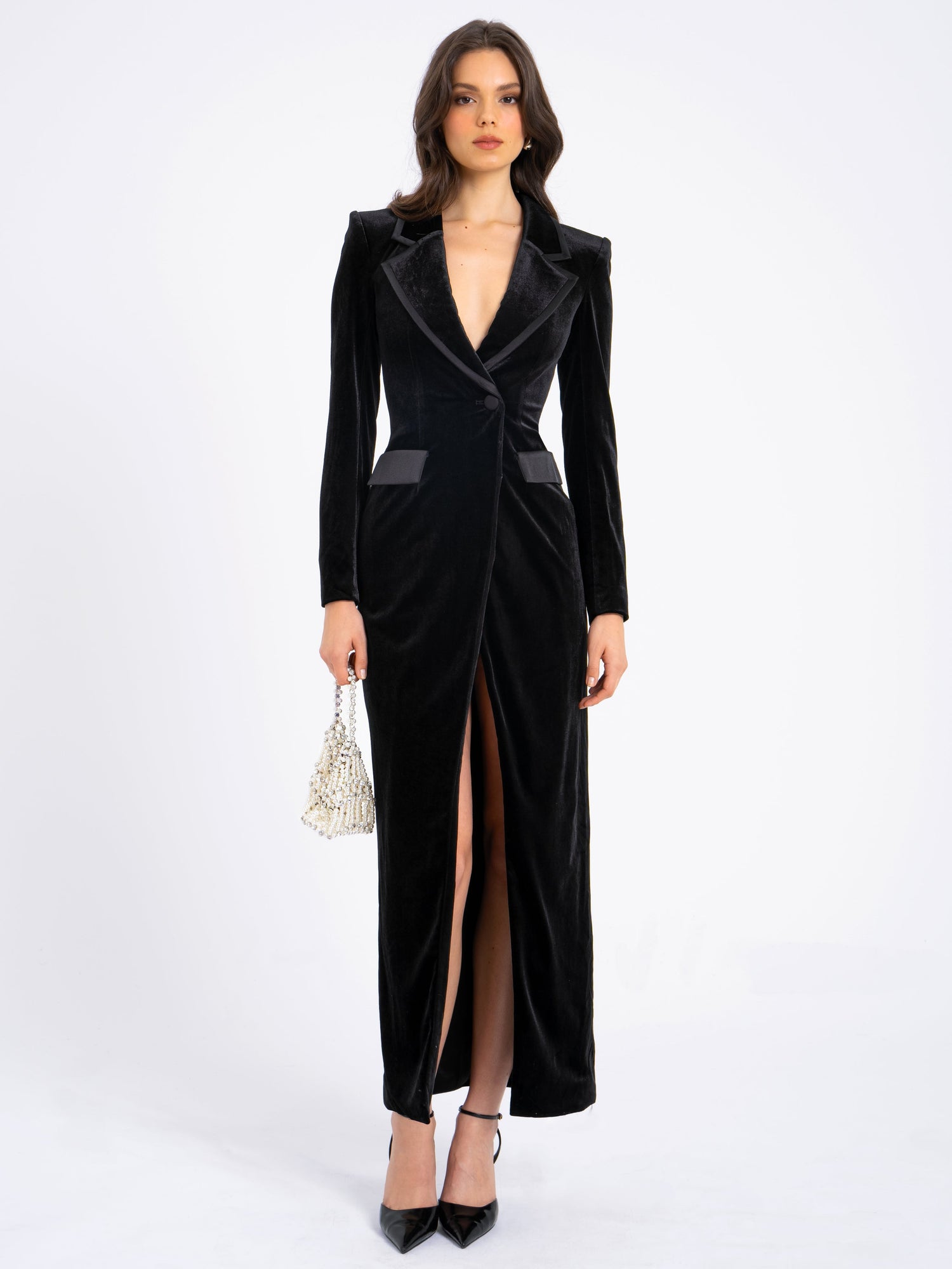 Willow Velvet High Slit Blazer Gown | Black